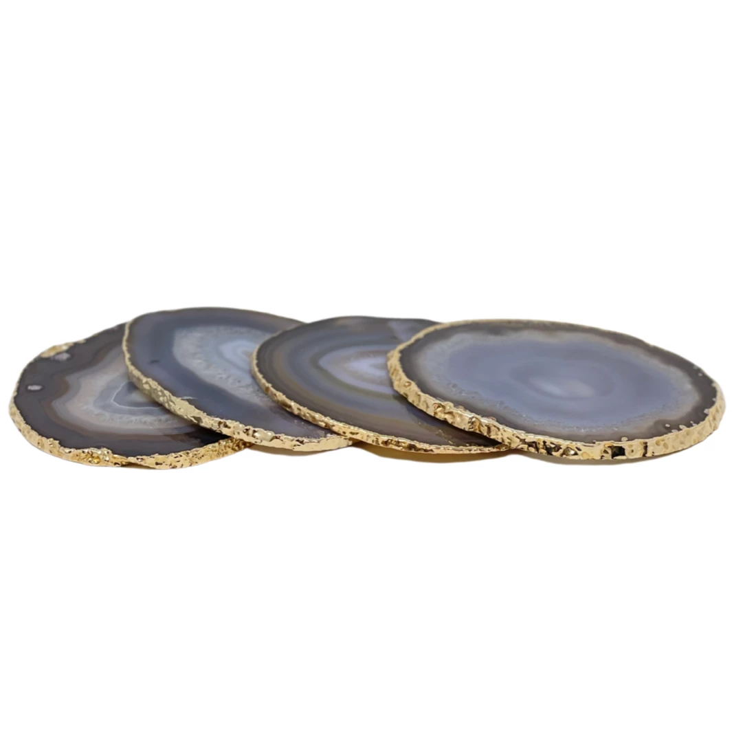 Olympus / Bartky Minerals WINE & BAR AGATE COASTERS NATURAL GREY & GOLD TRIM 2 Olympus / Bartky Minerals WINE & BAR AGATE COASTERS NATURAL GREY & GOLD TRIM