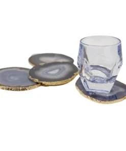 Olympus / Bartky Minerals WINE & BAR AGATE COASTERS NATURAL GREY & GOLD TRIM