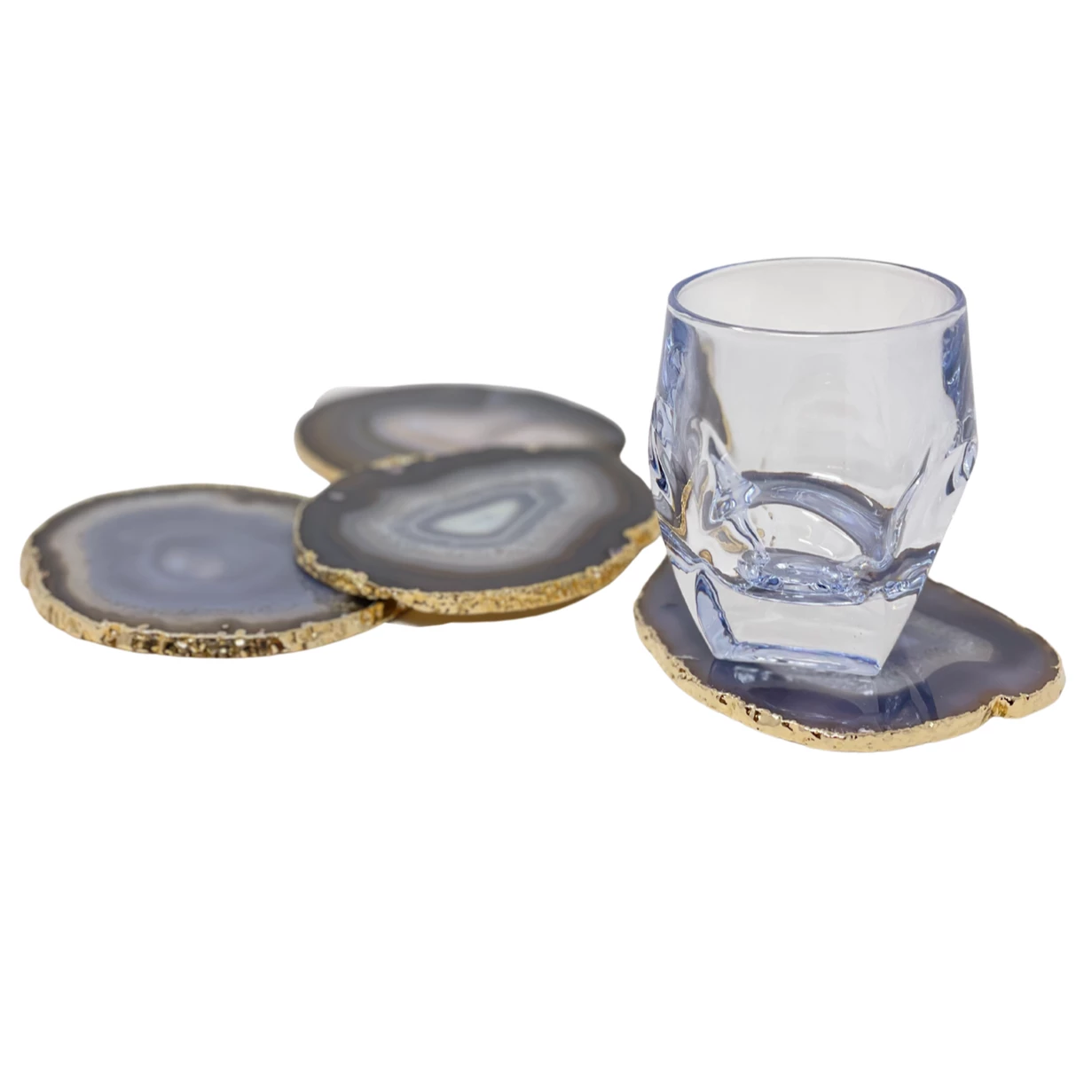 Olympus / Bartky Minerals WINE & BAR AGATE COASTERS NATURAL GREY & GOLD TRIM 1 Olympus / Bartky Minerals WINE & BAR AGATE COASTERS NATURAL GREY & GOLD TRIM